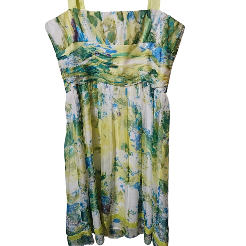 TAHARI/ ARTUR LEVINE WATERCOLOR 100% SILK  DRESS  MINI SZ 10 TEAL, YELLOW,BLUE